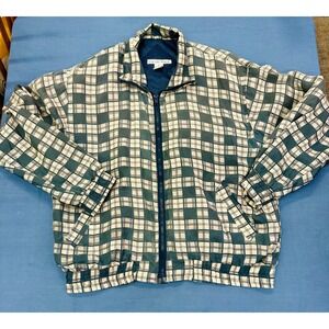 Malcolm Flowers Vintage 100% Silk Plaid Bomber Jacket Blue Cream Womens Large